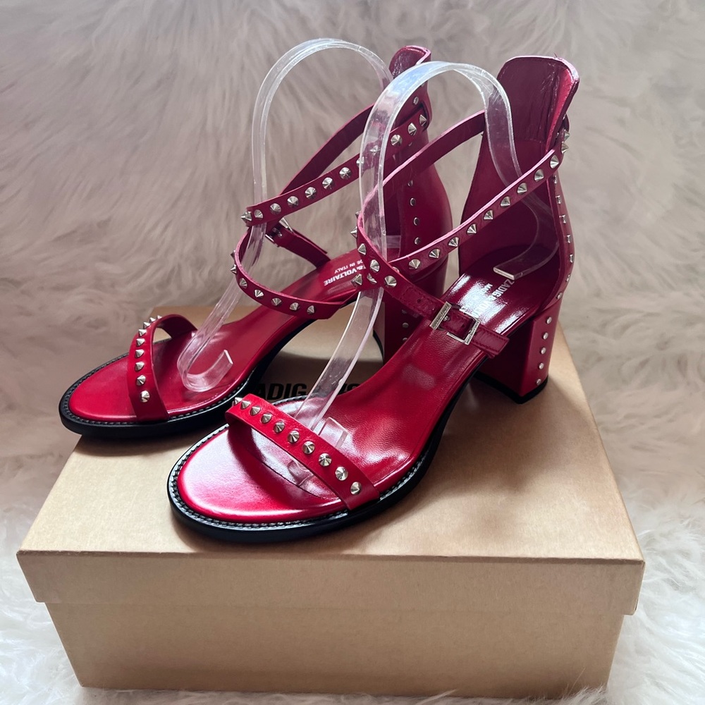 New! Rare ZADIG & VOLTAIRE Leather Studded Strappy Heeled Sandals in Red